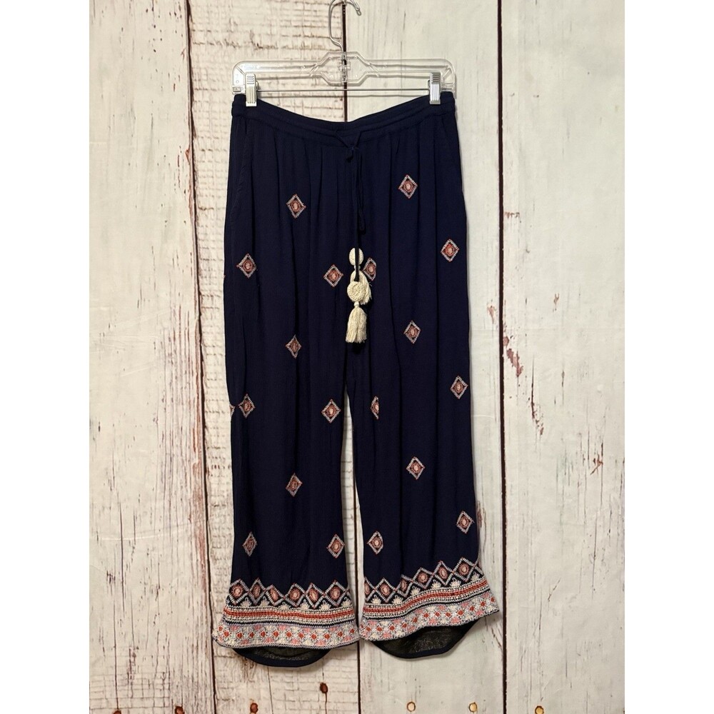 Sundance Niovi Wide Leg Pant Embroidery Boho Drawstring Viscose Blue Size Small